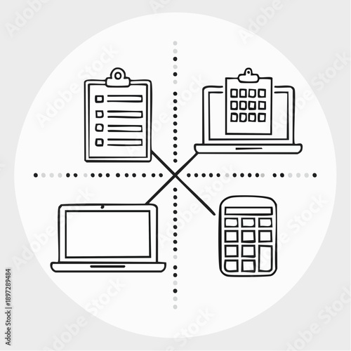 ノートパソコン・スマートフォン・電卓のデジタル機器アイコンセット