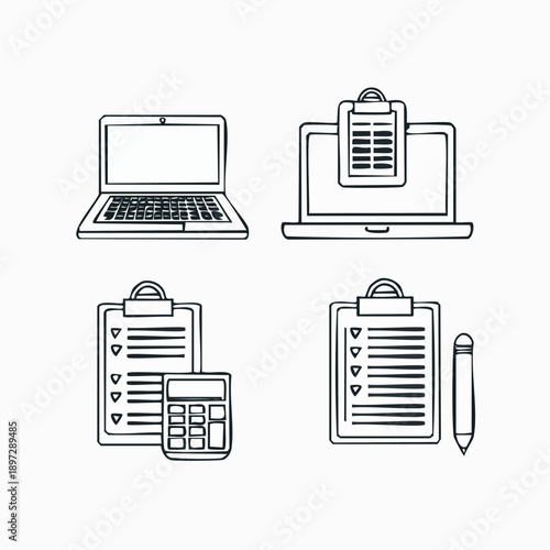 ノートパソコン・スマートフォン・電卓のデジタル機器アイコンセット