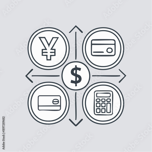 金融・決済・通貨を表すマネーアイコンセット（円・ドル・カード）