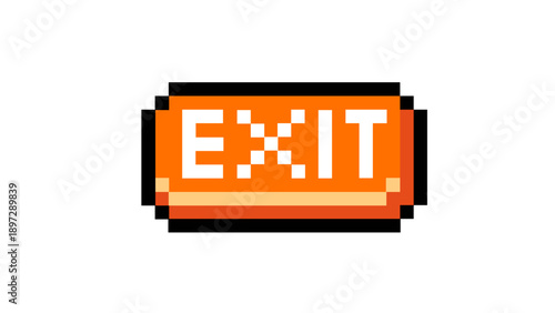 Prominent orange pixel art exit sign, a vivid retro digital graphic for clear wayfinding, indicating a path out, ideal for game design elements and nostalgic user interfaces