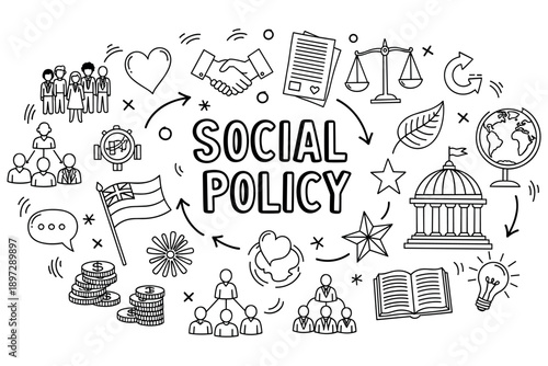 Social policy themes illustrated with icons of governance, economy, and communication