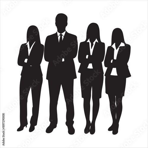 Silhouettes of people working group of standing business men and woman vector illustration. Business people, set of vector silhouettes style