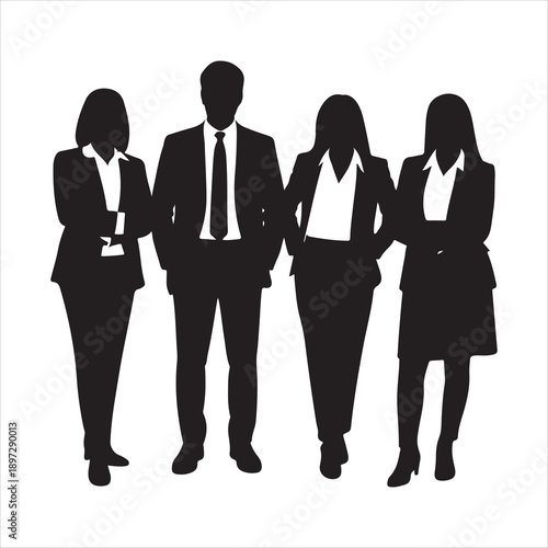 Silhouettes of people working group of standing business men and woman vector illustration. Business people, set of vector silhouettes style