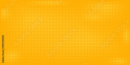 Yellow halftone pattern. Retro comic gradient background. Bright orange pixelated dotted texture overlay. Cartoon pop art faded gradient pattern. Vector backdrop for poster, banner, advertisement