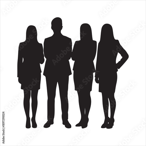 Silhouettes of people working group of standing business men and woman vector illustration. Business people, set of vector silhouettes style