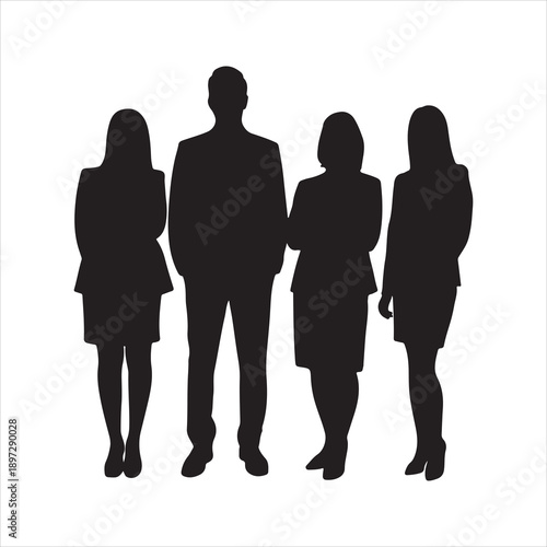 Silhouettes of people working group of standing business men and woman vector illustration. Business people, set of vector silhouettes style
