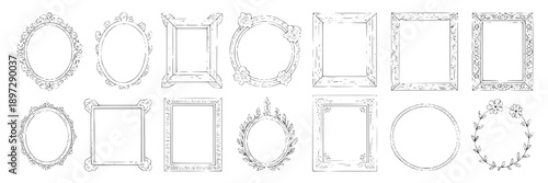 Frames set with ornate vintage and floral borders, decorative oval and rectangular shapes, intricate patterns, suitable for invitations, photo albums, or design embellishments