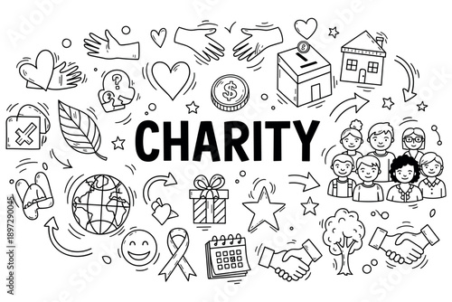 Charity concept illustration with symbols of giving, community, and hope