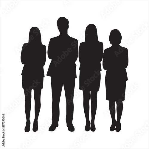 Silhouettes of people working group of standing business men and woman vector illustration. Business people, set of vector silhouettes style