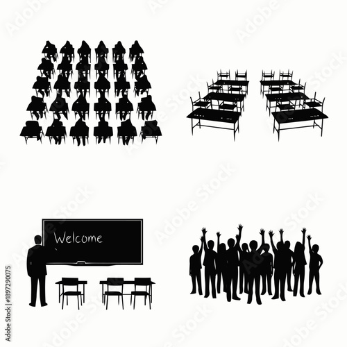 Education and classroom silhouettes featuring students, teachers, desks, chairs, a blackboard with 'Welcome', and a group of people with raised hands, representing learning and participation.