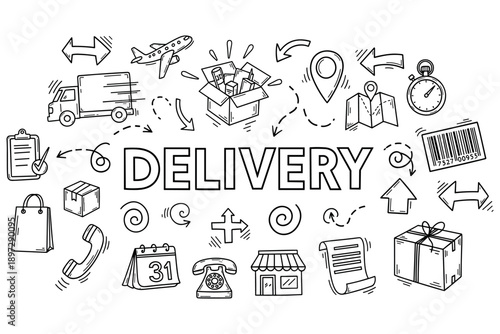 Hand-drawn delivery icons with truck, airplane, and package in black and white