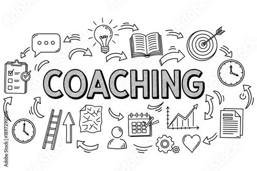Coaching concept: growth, success, guidance, and development illustrated with icons