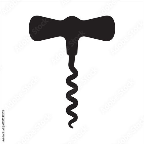 Corkscrew Silhouette Vector art, Corkscrew silhouette icon with T-handle wooden-style handle and spiral metal screw style vector design