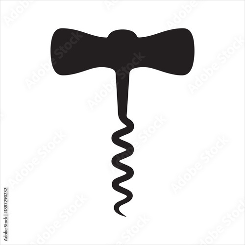 Corkscrew Silhouette Vector art, Corkscrew silhouette icon with T-handle wooden-style handle and spiral metal screw style vector design
