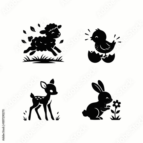 Cute baby animals silhouette set for spring and Easter featuring a lamb chick fawn and bunny