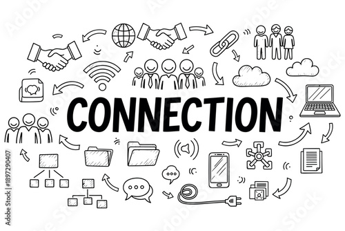 Illustration of connection concepts with hand-drawn icons of people, technology, and networking