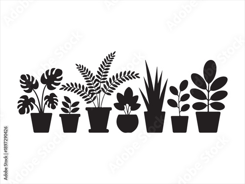 Indoor houseplants silhouettes vector set, potted tropical plants collection. botanical decor, black icons vector illustration
