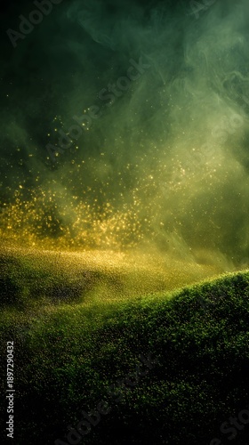 Glowing yellow particles rise from a dark green grassy hill with a mysterious atmosphere and foggy background