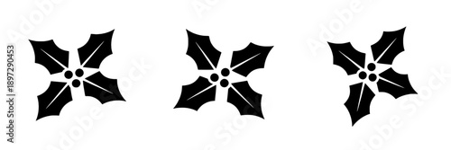 Holly leaves icon with black silhouettes and pointed edges, decorative festive botanical design for holiday themes, vector clipart for Christmas decoration and seasonal graphics, clean style