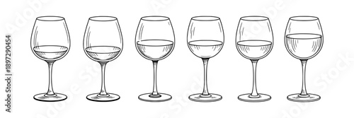 Glasses wine with varying liquid levels, clear transparent stemware for beverages, minimalist line art, elegant, modern style, suitable for bar, restaurant, or wine tasting event.