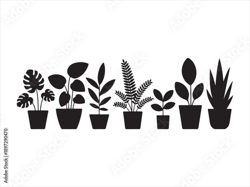 Indoor houseplants silhouettes vector set, potted tropical plants collection. botanical decor, black icons vector illustration