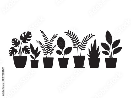 Indoor houseplants silhouettes vector set, potted tropical plants collection. botanical decor, black icons vector illustration