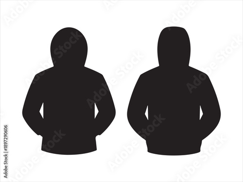 Two black hooded sweatshirts on isolated view to Front and Back. Set of long sleeve hoodie jacket vector illustration 