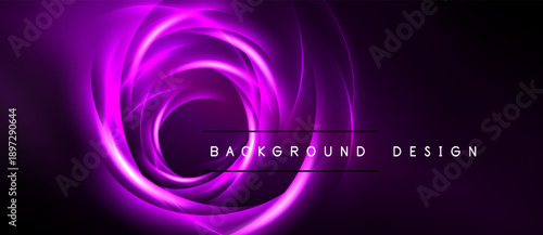 Abstract purple swirls create dynamic light effect. Dark background emphasizes glowing circular design, modern aesthetic.