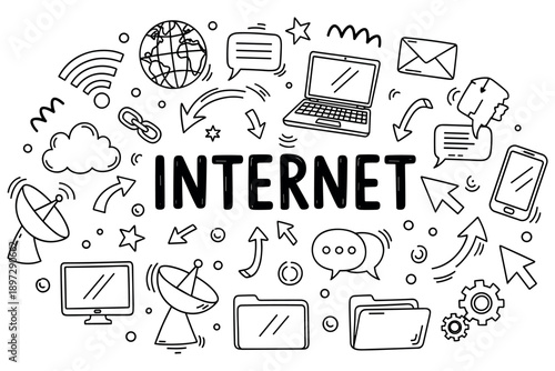 Internet concepts illustration with computers, smartphones, and communication icons