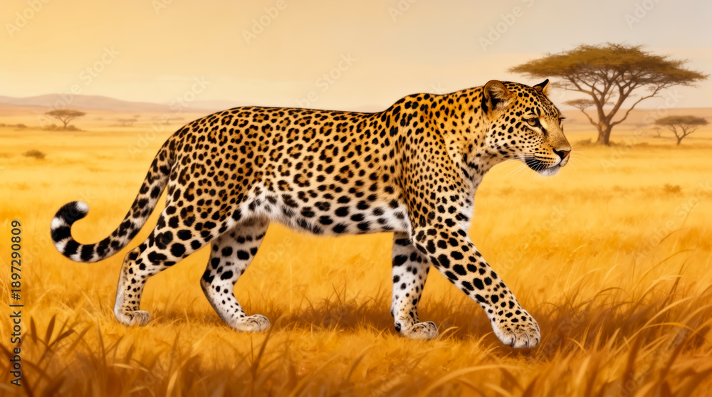 Fototapeta premium Majestic Leopard Strides Across Golden Savannah at Sunset, Embodying Freedom, Serenity, and Wildlife Conservation in a Digital Illustration