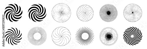 Spiral pattern designs with black and white swirl motifs showing rotational symmetry and optical illusion effects for graphic art, visual demonstration, or digital decoration