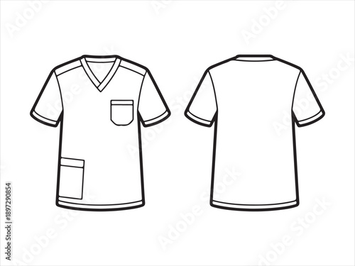 Medical Scrub Shirt Front and Back Outline, Vector fashion, short sleeve medical scrub shirt front back flat, uniform, illustration outline vector