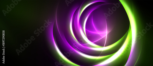 Abstract swirls, vibrant colors blend. Green, purple, luminous lines create dynamic energy, flowing shapes. Dark background emphasizes bright forms.