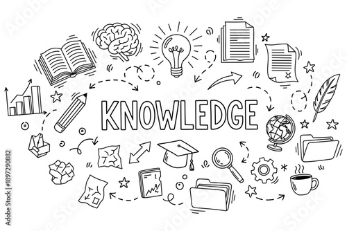Doodle art of knowledge with books, brain, lightbulb, and global icons