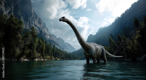 Un dinosaure de la famille des brachiosaures, immobile et majestueux marchant dans l'eau d'une rivière, se dressant au milieu de montagnes imposantes et de forêts denses.