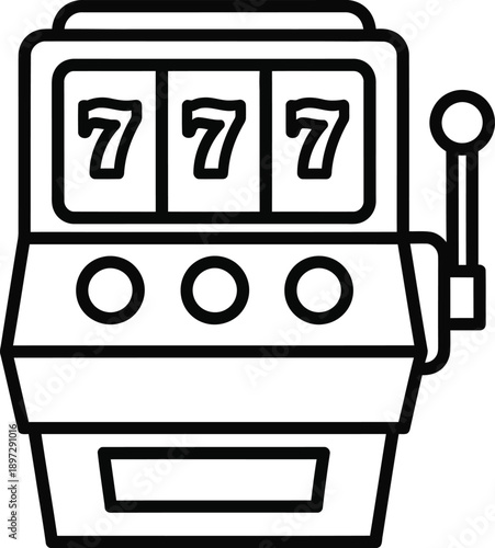 Minimalist line art icon of a classic one-armed bandit slot machine with three sevens, representing luck, casino games, winning, and the anticipation of a jackpot