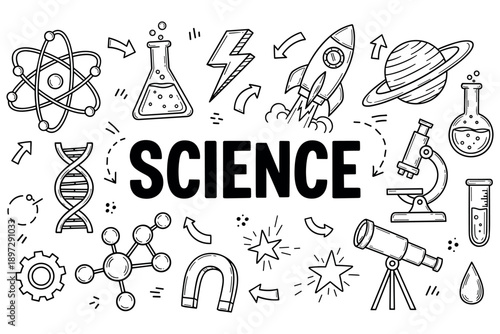 Science themed doodle with chemistry, astronomy symbols, and experiments elements