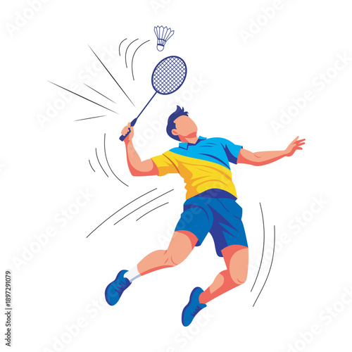 Dynamic professional badminton player executing powerful jump smash shot energetic athletic man in mid air action