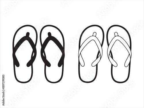 Minimalist flip flop vector icons in silhouette and outline styles design, A simple illustration of two black and white flip flops vector illustration
