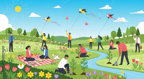 People enjoying outdoor leisure activities in a park with kites and flowers on a sunny day
