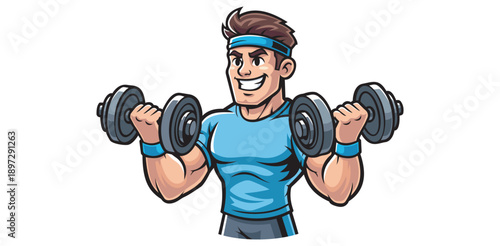 Happy muscular cartoon man smiling lifting heavy dumbbells fitness workout exercise strength training health and