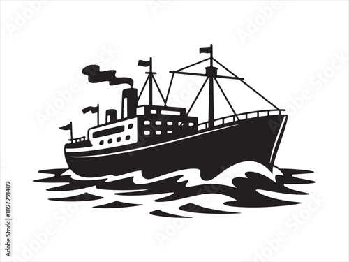 Cruise ship line and silhouette icon, Luxury ship silhouette vector with white background