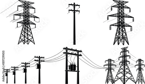 Collection of electric power transmission line silhouettes, utility poles, high voltage steel lattice towers, electrical infrastructure, energy supply distribution network vector.