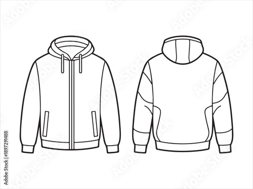 Hoodie technical drawing, Front and back hoodie technical sketch with zipper pockets hood drawing flat vector illustration