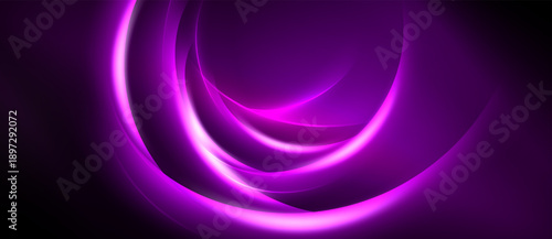 Abstract purple light curves radiate from center. Smooth gradients create dynamic visual effect. Dark background enhances luminosity.