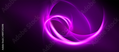 Abstract purple swirls, luminous curves, dark background. Smooth gradients create dynamic energy, visual flow.