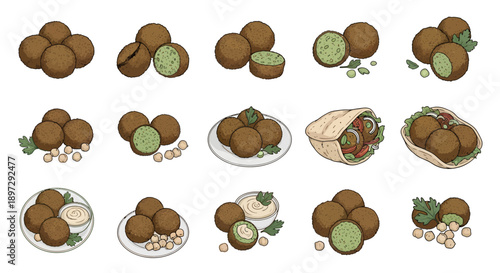 Set of falafel illustrations with chickpeas, pita bread, and tahini sauce isolated on white background