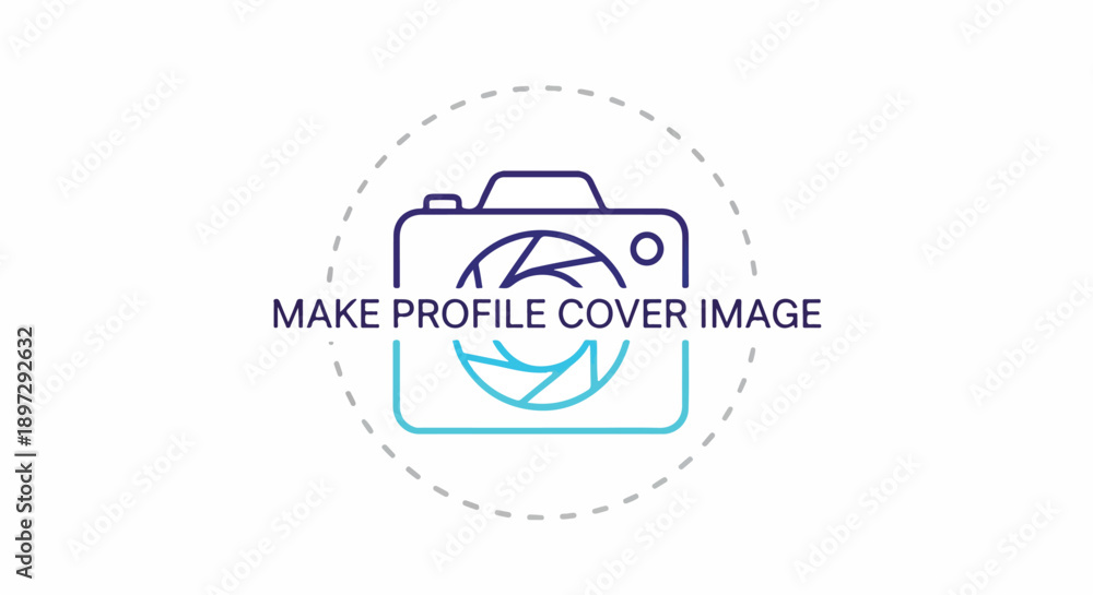 Fototapeta premium Modern graphic design of a camera icon with the text 'MAKE PROFILE COVER IMAGE' inside a circle, symbolizing photography and social media profile creation.