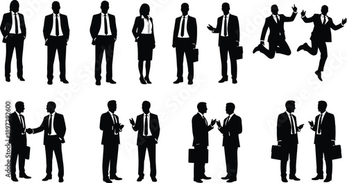 Collection of professional business people silhouettes featuring men and women shaking hands jumping and talking in formal suits on white background,