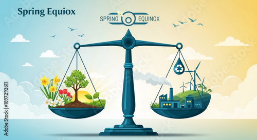 Balancing nature and industry on spring equinox scale with flowers tree wind turbines and factory